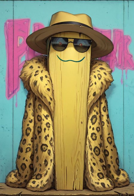 Pl4nk, pl4nk, pokemon (creature), Masterpiece, highest quality,  high quality, looking at viewer, wide brimmed fedora hat, leopard fur coat on plank, sunglasses, (solo:1.2), (no humans:1.2), urban background, graffiti in background,