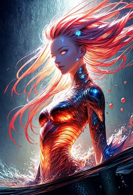 (score_9, score_8_up), score_7_up, zPDXL, solo, <lora:MythAnim3Style:0.8>, MythAn1m3,  source_anime, 1girl, mermaid, dark mysterious backgroud, Iridescent eyes, aquatic scene, dreamlike atmosphere, mystical, ethereal light, detailed textures, whimsical, rippling, dripping, water element, very long cascading hair, water, very beautiful, sexy, sexy body, beautiful body, scales, wet body, Iridescent scales, bubbles, water drops, Iridescent skin, multi colored eyes, partially underwater shot, watce, bioluminescent skin, bioluminescent, glowing, bioluminescent scales, bioluminescent hair,  FastNegativeV2, laser light clothes, submerged breast, water line on lense, view from under water, light hair