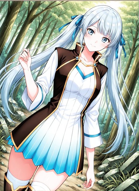 <lora:Xue_Mei_v6__Battle_Through_the_Heavens__Illustrious:1>
1 girl, solo, greyish blue eyes, light blue hair, long hair, straight fringe, twin tails, 
white and blue gradient dress, vertical stripe pattern, long sleeve dress, golden trim, short skirt,  V-neckline, hair ribbon, blue-grey eyes, short fantasy dress, white and blue outfit, sleeveless gold-trimmed vest, sleeveless waistcoat, , dark brown waistcoat high collar waistcoat, waistcoat with gold lining, white thigh-high socks, gold-trimmed boots, black boots, one-piece dress design
score_9, score_8_up, score_7_up, very aesthetic, source_anime, detailed, high quality, beautiful, masterpiece, detailed eyes, forest, tree, ruins, cowboy shot, dynamic angle, upper body, light smile, dynamic pose