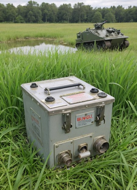 advertising for a (blngvsl) item in nature, tank in the background, grass in the foreground,
 <lora:British_Army_Boiling_Vessel_SDXL:1>
