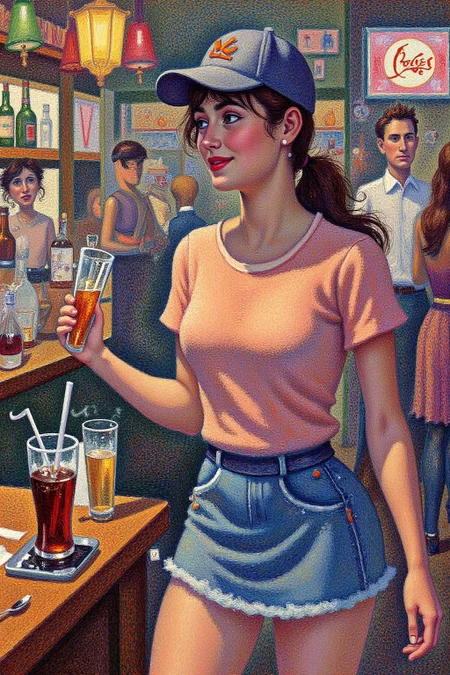 geoseu1 pointillist painting.
The air buzzes with the energy of a busy bar, a mix of music, conversation, and the clinking of glasses. A barmaid, the embodiment of youthful vibrancy, navigates the lively scene. She wears a peach-coloured T-shirt, the soft fabric contrasting with the smooth, cold glass of coke she carries on a small tablet. Her short skirt adds a playful touch, and a backwards baseball cap hints at a carefree attitude. The setting and atmosphere are palpable: the warm, slightly sticky surface of the bar counter under her fingertips, the dim, colourful lighting that casts playful shadows. Sensory details are abundant: the condensation forming on the glass of coke, the texture of her denim skirt, and the way the bar lights catch the highlights in her hair. Her confident stride, her quick smile, and her efficient movements. Stylistically, the image draws inspiration from the vibrant, candid shots of nightlife photographers, with a touch of the stylized realism found in contemporary illustration. There's a deliberate contrast between the barmaid's youthful energy and the slightly worn, lived-in atmosphere of the bar, creating a dynamic and engaging image.  <lora:geoseu1_cap_d6a3e12:1.0><lora:821051155749665683:0>
