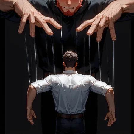 <lora:puppet_strings_illustrious:0.8> ppptstrngs, puppet strings, string, restrained, 2boys, empty eyes, out of frame, black background, 
(very short hair, beard, bara, mature, facial hair, stubble, beard, full beard, sideburn, beard, a lot of beard, ), facial hair,male focus, muscular male, muscular male, bara, mature,  bara, mature, aixiwuganda_(20222192), very awa, masterpiece, best quality, absurdres, newest, perfect quality, detailed background, intricate details,
<lora:slider_Body Type_alpha1.0_rank4_noxattn_last:3><lora:style_Anime Summer Days 2 Style SDXL_LoRA_Pony Diffusion V6 XL:.6><lora:slider_cfg_scale_boost:.7><lora:Artist6p:.55>, Artist6p, Artist04p,<lora:slider_il_brightness_slider_d1:-1><lora:slider_il_contrast_slider_d1:-1><lora:slider_DarkSlider1.2_alpha1.0_rank16_full_300steps:-.6>