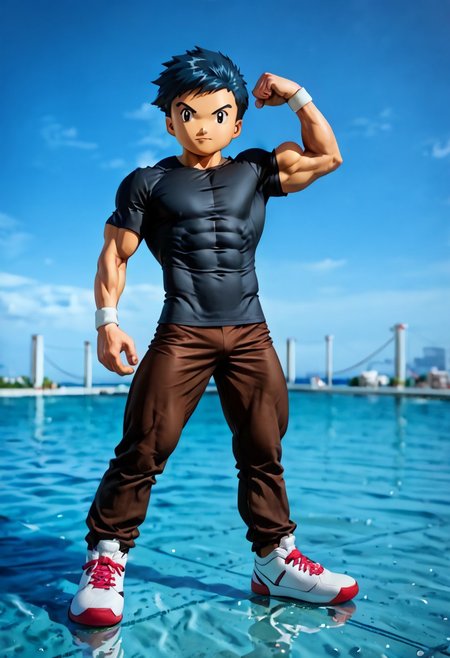 Digimon, score_9, score_8_up, score_7_up, score_6_up, detailed, intricate details, highres, absurdres ,source_anime, henry wong, blue hair, grey eyes, black shirt, wristband, brown pants, 1boy, eight-pack-abs, eight abdominal muscles, eight abs, eight pack abs, eight-pack abs, biceps flexing, looking at viewer, male focus, solo, kid with muscles, muscular arms, muscular legs, muscular kid, muscular pectorals,  kid with hyper muscles, full body, male focus, hyper muscles, muscular abs, muscular arms, hyper muscular kid, muscular forearms, muscular legs, muscular neck, muscular pecs, muscular shoulders, muscular thighs, short height, solo, ten abdominal muscles, ten abs, ten pack abs, ten-pack abs, ten-pack-abs