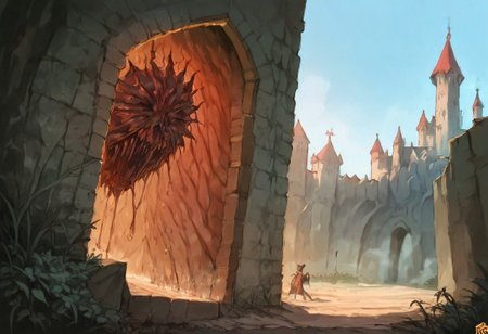 score_8_up. score_7_up, score_9, uncensored, 33dotdot, 33DOTDOT, mirham, hdr, hd, hyper realistic, simple background, navel, vintageillustration, comic, comics,
(darkly, scary, oppressive, devastation,)
outdoors, protective walls, castle behind walls, huge walls, scary dark atmosphere,
view outside of castle, view from afar, view from distance, side view,