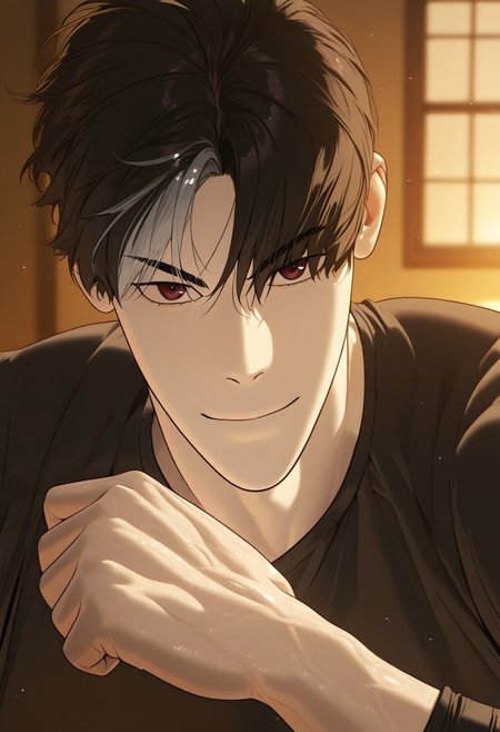 //General, masterpiece,best quality,amazing quality, source_anime, intricately detailed illustration, very aesthetic, absurdres, newest, anime coloring, subsurface scattering, , natural lighting, Expressiveh, detailed skin, shiny skin,aesthetics light, depth of field, vibrant colors,
//Fashion, black shirt, long sleeves, 
//Background, castle interior, indoors, snow background outside the window, 
//Others, 1boy, male focus, solo male, manly body, 
//Action, looking at viewer,  light smile, close up, upper body,
BREAK,
killer_peter, black hair, short hair, reddish-brown eyes, streaked hair, pale skin, curtained hair, white tone hair,