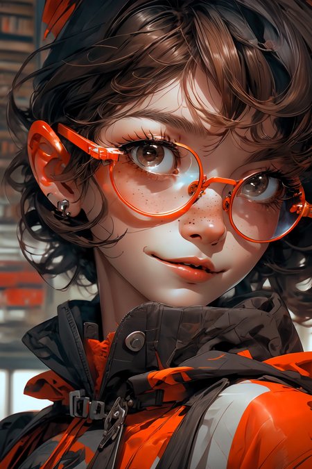 closeup, face, portrait, upper body, 
freckles, 
shy, blush, 
(short brown hair:1.1), 
(library:1.1), 
(round glasses:1.2), 
(brown eyes:1.4), 
<lora:more_details:0.4>
 <lora:Cosmic anime-oil fusion v2:0.45> 
<lora:AnimeVibesV3:0.3> animevibes, 
<lora:3DMM_V11:0.5> 3DMM 
<lora:midjourney_20230624181825:0.7> midjourney ,
 <lora:LAS:0.2> cloud,colorful,
<lora:msw_locon-t2:0.6>
 <lora:wuxia2:0.6> gu,
 <lora:CyberpunkStyleV1:0.2> PunkAI, shiny, shiny hair, shiny skin, shiny clothes