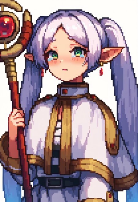 <lora:frieren_nereirfpnxl_pony_v2:1> score_9, score_8_up, score_7_up, score_6_up, BREAK
source anime, nereirfpnxl, frieren, 1girl, solo, pointy ears, green eyes, twintails, staff, very long hair, earrings, holding, jewelry, white background, holding staff, capelet, elf, looking at viewer, dress, simple background, white capelet, long sleeves, white dress, closed mouth, parted bangs, white hair, upper body <lora:pixelXL:1> pixel,pixel art, 8 bits, open mouth, solo, tears, crying, blush, crying with eyes open,  <lora:XL_crying_aqua(kohaku_delta):1>