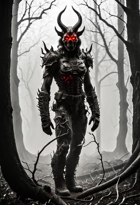 silhouette style, cinematic film still of the silhouette of an disembodied of a female demon,head, multiple eyes, horrific, with a megaphone instead of his head sitting on a branch at night, with glowing eyes, very detailed, haze lighting, backlit, 4k uhd masterpiece, blackmetal style, xerox, black and white, BadDream, UnrealisticDream, Doomguy, soviet poster, femalebonedemon