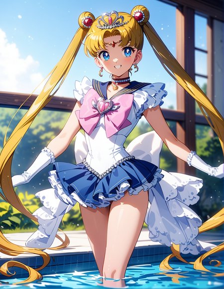 1girl, solo, <lora:sdxl-lyco-princess-sailormoon-animagine_xl_3_1-v1-apple:1>, princesssailormoon, double bun, twintails, circlet, earrings, frill, choker, tiara, bow, white leotard,gloves, miniskirt, standing  ,smile, best quality, very aesthetic, ultra-detailed, intricate details, 4k,, newest, (retro:-1.0) ,(1990s:-1.0), BREAK  in a pool