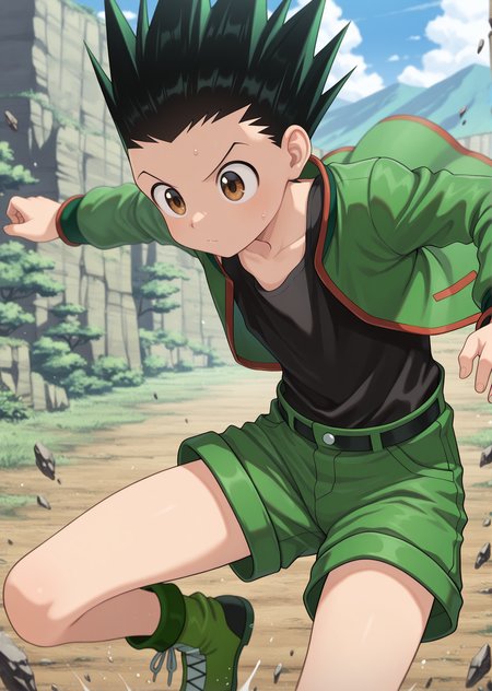 masterpiece, best quality, absurdres, amazing quality, 1boy, solo,  <lora:IlluGon-000010:1> illugon, black hair, green hair, spiked hair, brown eyes, green shorts, green jacket, open jacket, black tank top, dynamic pose, outdoors,