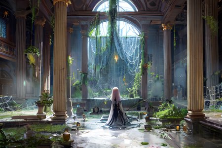 highly insanely detailed, masterpiece, top quality, best quality, highres, 4k, 8k, RAW photo, (very aesthetic, beautiful and aesthetic),  
Ancient Roman Interior Design,RomInt, 
<lora:RomanInterior-10:0.5>, 
(1girl:1.3), 
1other, 
, 
short hair with long locks,Blowing hair in the strong wind,updo hair,tendril bangs hairstyle,voluminous_look, 
, 
sunken ruins,chains,fireflies,tentacles,(spider webs,Cobwebs,spider silk:1.4),slime \(substance\), 
,âââ