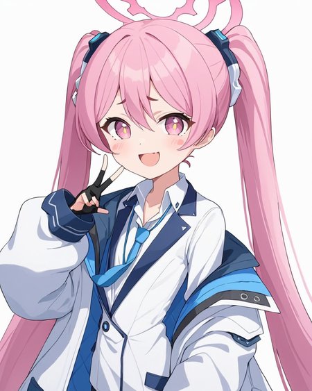 koyuki \(blue archive\),1girl, solo, double_v, fingerless_gloves, twintails, white_shirt, halo, black_gloves, looking_at_viewer, jacket, simple_background, white_background, collared_shirt, blue_necktie, skin_fang, open_mouth, blush_stickers, smile, upper_body, sidelocks, long_sleeves, +_+
<lora:koyuki_(blue_archive)_image708_2023-11-28-000012:1>halo. gorgeous,key visual, vibrant, studio anime,award-winning, professional, highly detailed,high budget, cinemascope