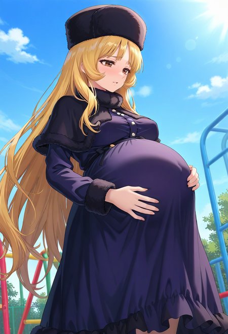 STYLE(comfy++,none) masterpiece, best quality, azuuru, torino aqua, 1girl, aged up, large breasts, covered, pregnant, big belly, maetel, ginga tetsudou 999, brown eyes, blonde hair, very long hair, long hair, ushanka, solo,  furrowed brow, exhausted, looking down, belly rub, hand on own stomach, , standing, profile, from below,  day, playground, safe<lora:Other\Pregnancy_Slider.safetensors:1.5:1.5> <lora:Other\LoosePregV4.safetensors:1.0:1.0>