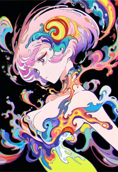 <lora:yoneyamaiXL_il_lokr_V53P1:0.95> 1girl, solo, black background, breasts, dress, bare shoulders, simple background, short hair, abstract, colorful, pink hair, purple hair, upper body
