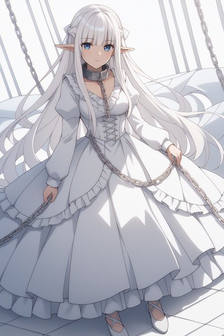 score_9, score_8_up, score_7_up, BREAK source_anime, <lora:Nephelia-PonyXL-lora-faxtron:0.8> nephelia, elf, pointy ears, blue eyes, white hair, long hair, medium breasts, metal collar, white dress, long sleeves, puffy sleeves, full body,