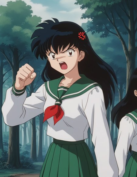score_9, score_8_up, score_7_up, source_anime,
kagomehigurashi, <lora:kagome-higurashi-ponyxl-lora-nochekaiser:1>,
kagome higurashi, long hair, black hair, retro artstyle, brown eyes, angry, anger vein, shouting, open mouth,
skirt, shirt, long sleeves, school uniform, white shirt, pleated skirt, serafuku, sailor collar, neckerchief, green skirt, red neckerchief,
outdoors, forest, nature,
looking at viewer,