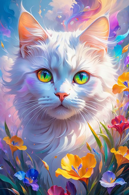 (((masterpiece))),(((best quality))),((ultra-detailed)),
Abstract style cute,smoke,in the sky,colorful and vibrant,mystical colors,contemporary impressionism,yanjun cheng portrait painting,iridescent perspective view,low angle,sweeping circling composition,large beautiful crystal eyes,big irises,UHD,HDR,8K,the most beautiful portrait in the world,white little cat,Non-representational,colors and shapes,expression of feelings,imaginative,