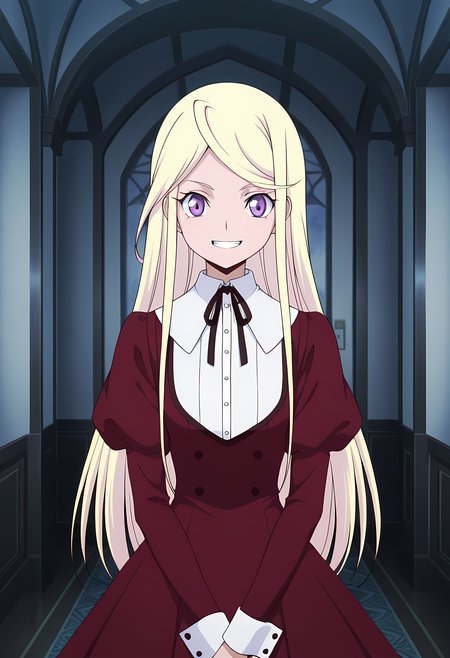masterpiece,best quality,amazing quality,

1girl, solo,

Senka Kanae (Cardfight Vanguard), blonde hair, long hair, purple eyes, red dress, neck ribbon, black ribbon, buttons, long sleeves, juliet sleeves, puffy sleeves, white socks, 

looking at viewer, smile, teeth,

cinematic, crossing arms,

Indoors, upper body,

bloom,

Official style, anime screencap, anime coloring,

















