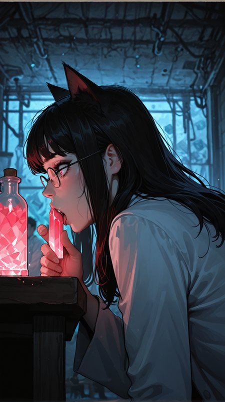 masterpiece, best quality, very aesthetic,amazing quality,ultra-detailed,8K,illustration, absurdres,detailed_skin,artist: incase,retouched,
BREAK,
petite, pale_skin, fangs, pink_eyes,long_hair, black_hair, cat_ears, licking crystal, ((crystal)), portrait, surprised, sucking_crystal, looking_down, glasses, taking_notes, labcoat, 
BREAK,
realistic background, night, laboratory, candles,side view, table,