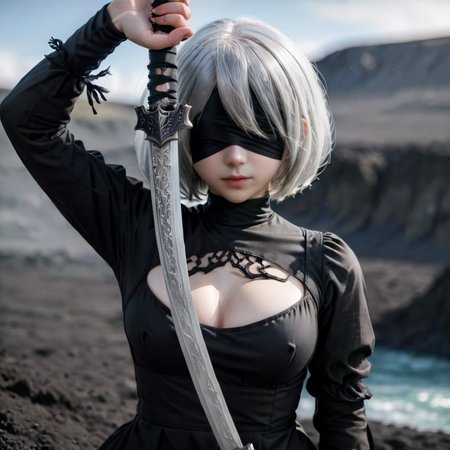 a type2b holding a sword in her hand , <lora:weaponface:0.85>  ,close up  ,  lovecraftian horror, <lora:type2B_XL_0_:0.7> covered_nipples,black_blindfold,black_hairband,black_dress,cleavage_cutout,white_hair,yorha_no._2_type_b, 1girl,(22yo:1.2),Seven headed body,full body,the landscape of iceland,gallows,, eldritch, cosmic horror, unknown, mysterious, surreal, highly detailed