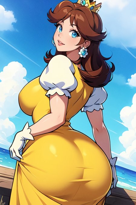 best quality,extreme detail,8k,<lora:daisy:0.6>,daisy2, 1girl, solo, long hair, breasts, looking at viewer, smile, blue eyes, large breasts, brown hair, gloves, dress, jewelry, ass, short sleeves, earrings, parted lips, sky, day, puffy sleeves, looking back, artist name, cloud, white gloves, signature, medium hair, from behind, blue sky, puffy short sleeves, lips, crown, flipped hair, yellow dress, flower earrings