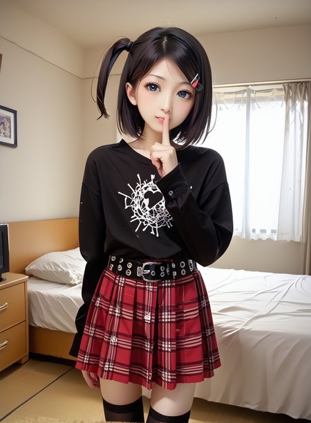 score_9, score_8_up, score_7_up,
beautiful women, Tsukiko Tsutsukakushi <lora:xlponygirlTsukiko-Tsutsukakushi_變態王子與不笑貓 筒隱月子 自製:0.8> short hair black hair hairclip one side up blue eyes blush, skinny, hairclip, shirt, solo, <lora:xlponylocaJapanese_Apartment_Pony:1> japane5eapartment1inter10r, indoors, bedroom,
<lora:xlponyfashionemo-fashion-ponyxl-lora-nochekaiser:1> emo fashion, skirt, shirt, long sleeves, belt, thighhighs,
<lora:xlponygestureshushing-ponyxl-lora-nochekaiser:1> shushing, finger to mouth, index finger raised,
25yo, <lora:xlponysliderStS_age_slider_v1_initial_release:2>