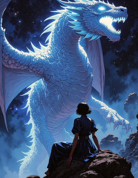 realistic photo, Frank Frazetta, ,perfect lighting,beautiful illustration,ultra-realistic, 

Eye-level angle view Extreme Close shot (focus on head) ,Expressiveh ,laundry, shiny skin ,sitting ,voluptuous body,detailed,1girl,woman warrior fighting colossal luminous dragon. Dominating the scene is a dragon adorned with luminescent scales, blending seamlessly with its surroundings. Its wings, composed of intricately woven energy threads, shimmer in a spectrum of colors.Epic fight. Starry sky. Amidst the night, its presence exudes a sense of mythical power. Behind it, the swirling hues of a distant galaxy provide a mesmerizing backdrop, celestial legends. Atmospheric haze, Film grain, cinematic film still, shallow depth of field, highly detailed, high budget, cinemascope, moody, epic, OverallDetail, RAW photo, photorealistic, candid camera, color graded cinematic, eye catchlights, atmospheric lighting, imperfections, natural,, rain, night,,
(Depth of field),, .

.  
masterpiece, best quality,  ,  medium-format camera,  high-contrast, dramatic lighting, striking composition, 

 The background is minimalist, a gradient of shadowy blue tones, amplifying the ethereal and futuristic ambiance of the scene. The overall composition feels cinematic, blending high fashion with a science fiction aesthetic. . Exquisite cyberpunk. retroFuturism. l0r3n4g. 
 (Depth of field), low saturation,detail. mythp0rt, Stylish, charismatic.
.

