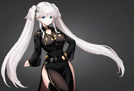 white hair, very long twintail, blunt bangs, long side bangs, blue eyes, empty eyes, gold torc, black hair strap, black nao costume with a white flower drawn on the chest, right side slit, black stockings, waist strap, 
masterpiece, best quality, very aesthetic, absurdres, 1milf, 1adult, solo, full_body, tachi-e,