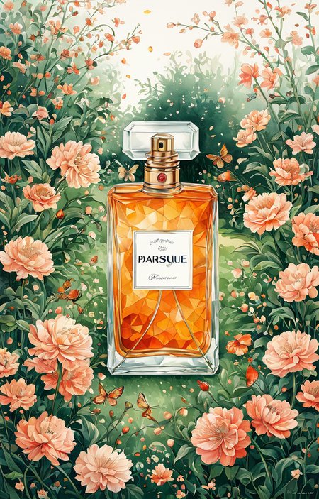 masterpiece,best quality,<lora:tbh50-sdxl:0.6>,illustration, A bottle of perfume in garden