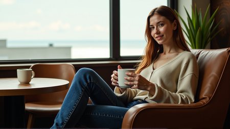 sci-fi style a slim elegant woman sitting in a cafe holding a large mug of coffee in her hands
she's looking at the viewer across a low table, she's sitting in a large comfy chair with her feet tucked up beside her
she's wearing jeans and a cropped woolen jumper with a low neckline and  long baggy sleeves
she looks very relaxed and happy, her eyes glitter,
she has a heavy lower lip and hollow cheeks,
her eyes are an intense green colour and her long flowing hair is a brilliant auburn colour
the viewer is sitting opposite her with a table between them . futuristic, technological, alien worlds, space themes, advanced civilizations, score_9, score_8_up, score_7_up, hyperdetailed, hyperrealistic,  best quality, (masterpiece:1.3),high-definition, intricate details, volumetric lighting, symmetrical face, level eyes,
