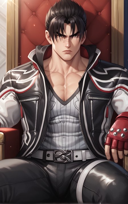 score_9, score_8_up, score_7_up, BREAK 
Jacket_JinKazama_ownwaifu, 
1boy, male focus, short hair, spiked hair, black hair, black jacket, black eyes, jacket, open clothes, open jacket, fingerless gloves, collarbone, bangs, grey shirt, red gloves, parted bangs, black pants, pectorals,  striped shirt, white shirt, white jacket, leather jacket, muscular male, high collar, scar, scar on face, hood down, muscular, hair over eyes, manly, thick eyebrows, belt, dougi, zipper, bara, hair between eyes, lips, long sleeves, serious, bandages, biker clothes, boxing gloves, collared jacket, multicolored jacket, pectoral cleavage, popped collar, 
(sitting on throne, sitting, throne), throne room, straight-on, curtains, light particles, bokeh, loaded interior, indoors, <lora:PONYXL_TEKKEN_JinKazama_ownwaifu:0.75>, solo,