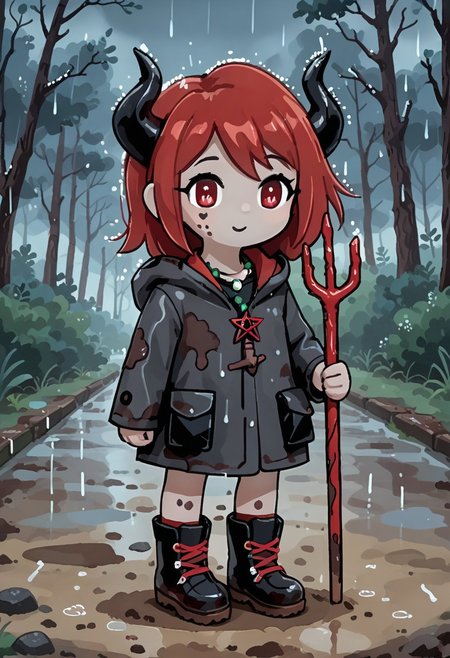 score_9, score_8_up, score_7_up, BREAK
highres, highly detailed, high resolution, high quality, 
source_anime, anime screencap, saturation, vivid colors, 
1girl, solo, luce, full body, standing, demon girl,
(dark red hair:1.2), (big dark red eyes:1.1), medium hair, cute, (grey skin:1.1), (horns:1.2), 
(long black raincoat:1.1), dirty black rubber boots, 
pentagram necklace, holding red trident, 
cute, bokeh,
blurry background, forest background, path, rain, 
stkyswt, outline
