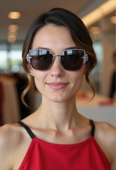 clo035, beautiful young woman, wearing a Christian Dior sunglasses with a metal frame and black lenses. The sunglasses have a star-shaped design. red form fitting top, black belt. looking in the camera, smiling, in a fashion store, front view
