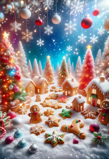 A small town made out of Christmas cookies. Snow made from powdered sugar. On a table.
perfection style, vivid colors, colorful, vivid background, holographic, midjourneyv6.1,  ChristmasDecorativeStyle, ChristmasWintery