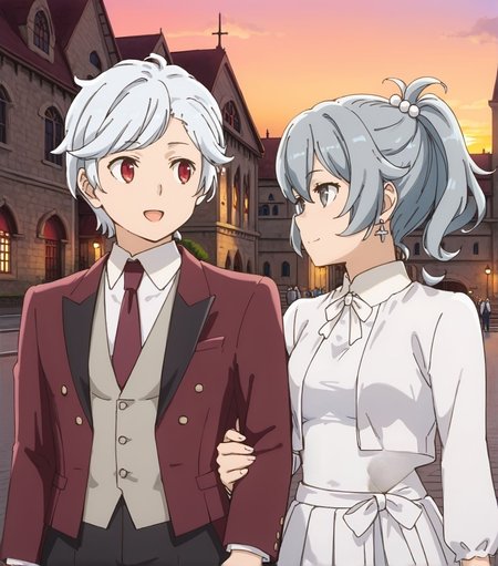 score_9,score_8_up,score_7_up,masterpiece, best quality, <lora:WHM 0.2v:0.5>, WHM, 2D,anime,  
red eyes male and grey eyes  female, 
<lora:Locked_Arms:0.7>, locked arms, looking at another,upper body,
medieval town ,  fantasy,dungeon ni deai wo motomeru no wa machigatteiru darou ka style,  
outdoors, street, church background,sunset,
BREAK
 locked arms, looking at another,upper body,arm down,
outdoors, street, church background,sunset,
<lora:bell01:0.7>, bell01, 
<lora:Bell_Cranel_r2:0.1> belcranel,
 shirt, red eyes, white hair, red necktie, formal,black pants, red Tuxedo,open mouth, happy,
grey inner vest, suit,
BREAK
 looking at another,upper body,
outdoors, street, church background,sunset,
<lora:DanMachi_SyrFlovaXL:0.7>  short hair, short ponytail, grey hair, grey eyes, hair between eyes, hair bobbles, earrings, SyrDate, cropped jacket, white jacket, collared shirt, (white shirt), long sleeves, bow skirt, pleated skirt, white skirt, white bow , thigh gap, shoes, light smile,