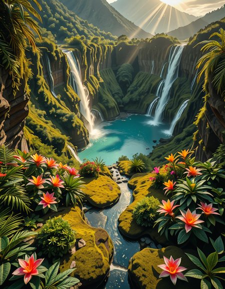 A breathtaking view of an ancient, dormant volcano now transformed into a lush, vibrant natural sanctuary. The crater is filled with dense tropical forests, colorful exotic flowers, cascading waterfalls, and mist swirling gently in the morning light. Vines and moss cover the dark volcanic rocks, and small streams wind down the slopes. while rays of sunlight pierce through the dense canopy, creating sparkling reflections on the water. The atmosphere feels peaceful, enchanted, and untouched by humans. The scene is depicted in an ultra-detailed, hyper-realistic style, with warm, soft lighting and rich, saturated colors that enhance the magical and serene mood of the landscape.
<lora:SDXLFaeTastic2400:0.4> <lora:extremely_detailed:0.4> extremely detailed,dormant v0lc4n0, <lora:dormant_v0lc4n0-i:1>, Masterpiece,best quality,hi res,8k,hi res,8k,award winning,(sharp focus, intricate, highly detailed),