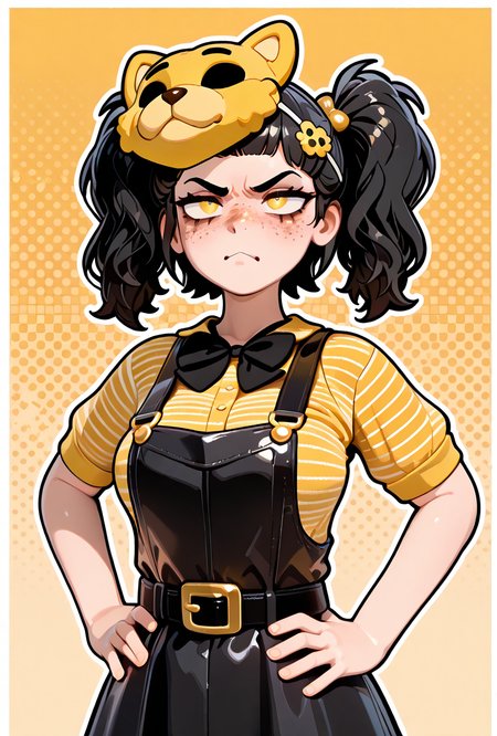 <lora:cassidythat-10:1> cassidythat, 1girl, solo, black hair, striped yellow shirt, twintails, hair ornament, black bowtie freckles, short sleeves, belt buckle, mask on head, black skirt overalls, medium breasts, hands on hips, angry, 3d,, masterpiece, best quality, amazing quality, very aesthetic, absurdres, newest,, upper body, halftone effect, white borders, abstract background:1.2,