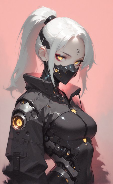 masterpiece, best quality, good quality, newest, highres, absurdres,
1girl, solo, long hair, breasts, looking at viewer, medium breasts, jacket, upper body, yellow eyes, white hair, ponytail, tattoo, makeup, mask, glowing, pink background, eyeshadow, science fiction, mouth mask, eyeliner, cyborg, cyberpunk, artificial eye, mechanical eye, mcnm,
G0zeNA_illu, abstract, surreal <lora:illustriousXL_stabilizer_v1.23:0.3> <lora:NOOB_vp1_detailer_by_volnovik_v1:0.3> <lora:ponyv6_noobE11_2_adamW-000017:0.3> <lora:G0zeNA_style:0.85> <lora:MechaKnightsIL:0.8>