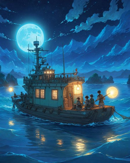 ethereal fantasy concept art of  anime artwork moonlit smuggling operations using submersible longboats to move stolen navy signal flags past patrol ship searchlights, Art painting by Karla Ortiz and Audrey Kawasaki , ,
<lora:Wild_Anime_2025:0.3>,
<lora:extremely_detailed:0.7> extremely detailed ,
<lora:add-detail-xl:0.7>,
<lora:ppw_v7_animv4_1_r2:0.15>,
<lora:Vivid Midjourney mimic - XL SDXL v2.0:0.5> . anime style, key visual, vibrant, studio anime,  highly detailed . magnificent, celestial, ethereal, painterly, epic, majestic, magical, fantasy art, cover art, dreamy