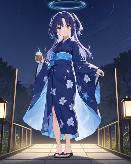 yuuka \(blue archive\),1girl, japanese clothes, halo, toenail polish, toenails, night, solo, holding cup, holding, nail polish, kinchaku, full body, yukata, coffee mug, mug, barefoot, smile, alternate costume, print kimono, obi, standing, blush, sandals, wide sleeves, floral print, toes, night sky, long sleeves, official alternate costume, outdoors, sidelocks, blue nails
<lora:Yuuka_image86_v1:1>,halo,. gorgeous,key visual, vibrant, studio anime,award-winning, professional, highly detailed,high budget, cinemascope