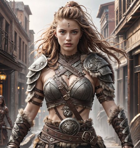 RAW photo, (masterpiece:1.3), subsurface scattering, heavy shadow, (high quality:1.4), (intricate, high detail:1.2), professional photography, HDR, High Dynamic Range, realistic, ultra realistic, photorealistic, high resolution, film photography, ambient lighting, atmospheric effects, <lora:detail_slider_v4:3>, OverallDetail, female barbarian warrior, (upper body shot), wild hair, wearing barbarian leather armor, belt, shoulder armor, furs, BarAr, <lora:BarbarianArmor1:0.66>, epiCPhoto