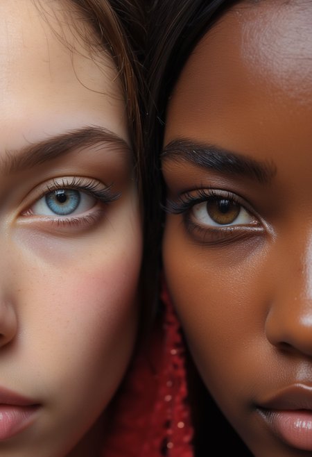 Close-up of two eyes side by side, one blue and one brown, highlighting diversity with contrasting skin tones and striking details.