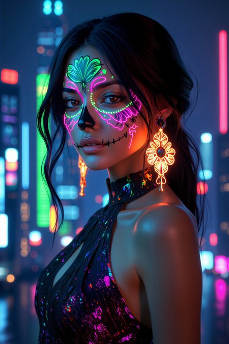 IMG_0012.JPG, Woneon_facepaintflx, A gorgeous woman with jet-black hair, neon-green and pink sugar skull face paint with floral patterns, bright neon accents highlighting her features, standing in front of a neon-lit city skyline, wearing a neon-lined futuristic dress and glowing earrings, photo-realistic, highly detailed,