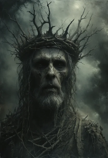 a macabre scene with a lifelike very old and ill king bearing a dark expression, crowned with a jagged, branch-like, thorny crown, partially obscured by mist, all textures suggesting decay and darkness, the kin set against a backdrop of ethereal fog and shadow to enhance its haunting appearance, evoking a sense of solemnity and ancient lore, <lora:NicolaSamori:0.7>, <lora:Desolation:0.3>, <lora:MJ52:0.3>,
