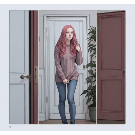 zPDXL3, karmen, comic, 1girl, pink hair, long hair, sweater, door, plant