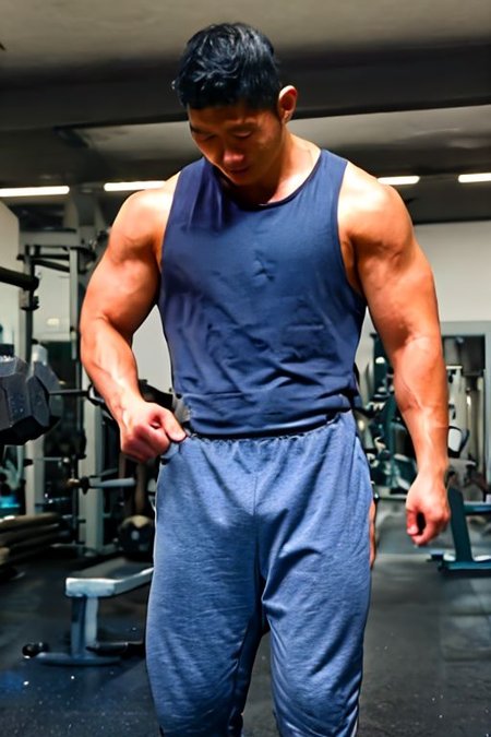 asian sexytrainer, tank top/sleeveless shirt, shorts/sweatpants/leggings, sneakers, gym, holding dumbbell/weightlifting, exercise, realistic, masterpiece, intricate details, detailed background, depth of field, photo of a handsome