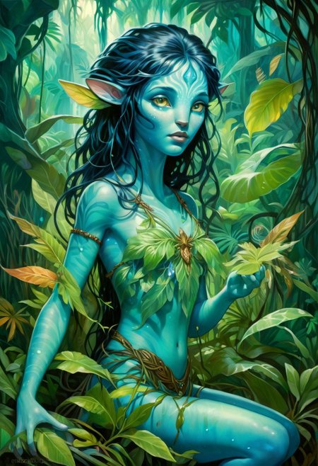 Alphonse Mucha Style page oil  painting of a 18 year old female Avatar navi alien with blue skin, wearing leaf tunic in a bioluminescent jungle, busy, cleavage