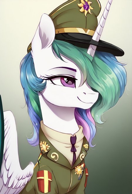 masterpiece, score_9_up, score_8_up, score_7_up, score_6_up, (best quality:1.1), ultra-detailed, high resolution, 1character, Selestia, princess Equestria, alicorn, mlp, woman, feral, white skin, (hair over one eye, one eye covered), <lora:celestia:1>, long eyelashes, single horn, wings of the Alicorn ears, closed mouth, military equestrian uniform, military equestrian patches, peaked cap, detailed facial features, expressiveh, Equestria background, highly visible, sharp focus, anatomically correct, Equestria at War, Portrait of the leader, gas plant, looking at the camera, Tired smile,