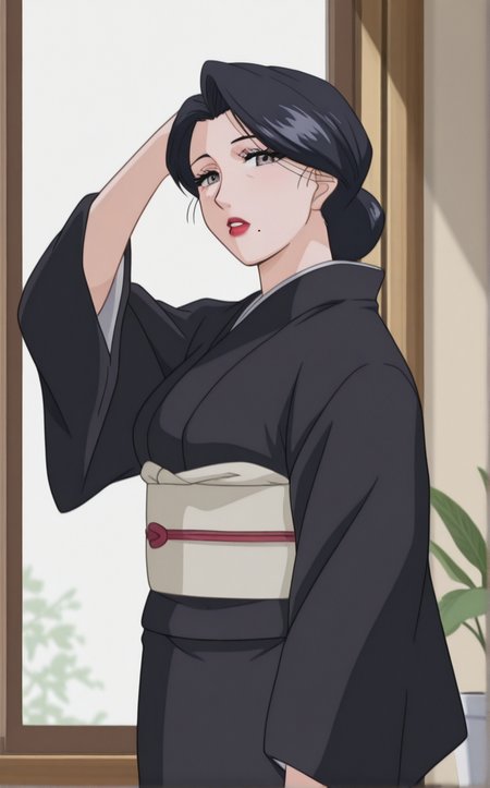 masterpiece, best quality, insaneres, absurdres,hand in own hair, standing, arm up, solo, looking at viewer, window, indoors, parted lips, plant, cowboy shot, shiny skin, backlighting, potted plant, indoors,  <lora:ILLUSTXL_MistreatedBride_SumieTakayanagi_ownwaifu:1>, BREAK BlackKimono_SumieTakayanagi_ownwaifu, 1girl, black hair, black kimono, breasts, grey eyes, japanese clothes, lipstick, makeup, mature female, mole under mouth, red lips, short hair, single hair bun, eyelashes, sash, hair up, large breasts, lips, long sleeves, obi,