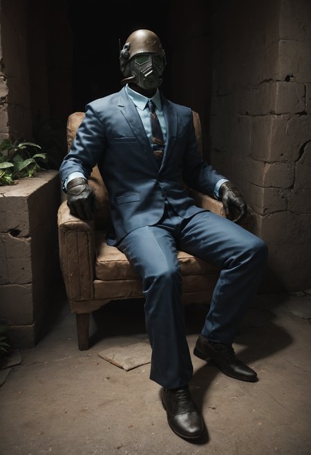 (score_9, score_8_up:1.1), score_7_up, realistic photograph
d3sertranger, helmet, 1boy, reclining male solo, (muscular), black gloves, gas mask, formal, blue suit, full body, front view, night starry_sky sunset city ruins, <lora:desert_ranger_v1.1.6_pony:1>